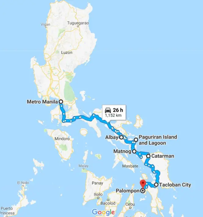 Manila to Leyte road trip route in Google maps