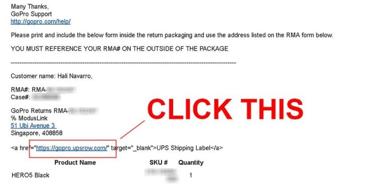 GoPro returns: email with UPS link